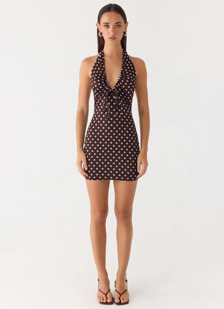 Chocolate Brown Polka Dot Halter Neck Backless Mini Dress For Elegant Casual Party Events