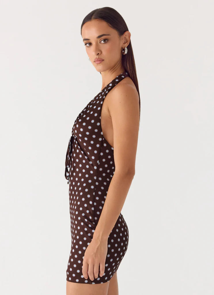 Chocolate Brown Polka Dot Halter Neck Backless Mini Dress For Elegant Casual Party Events