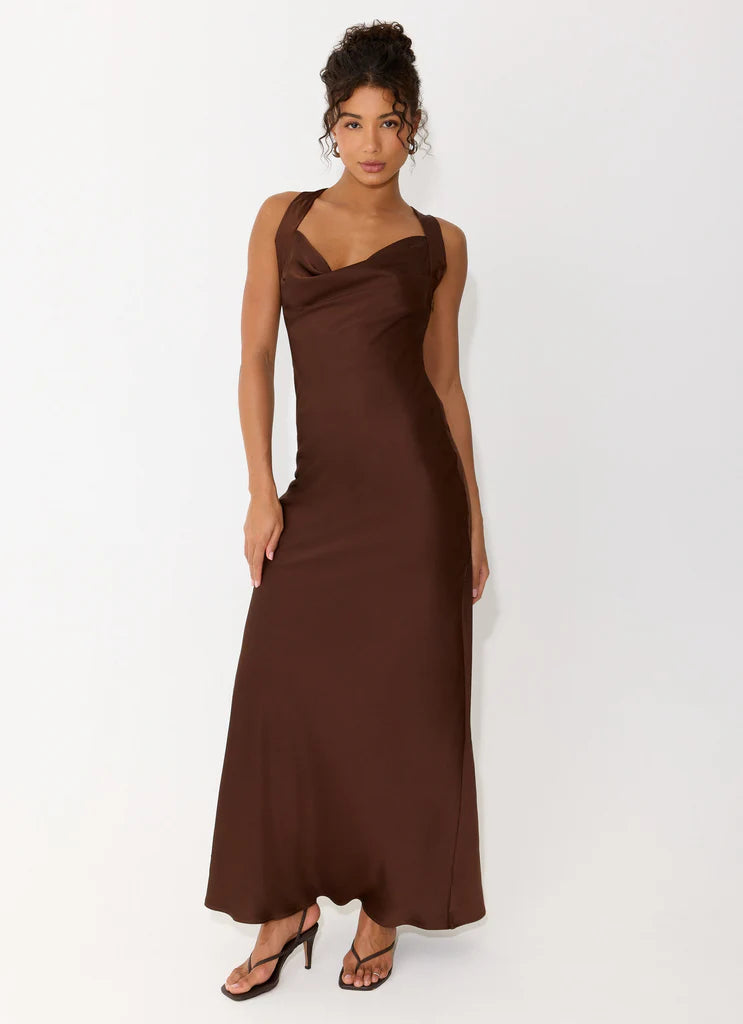 Chocolate Brown Satin Cowl Neck Open Back Maxi Prom Dress For Elegant Evening