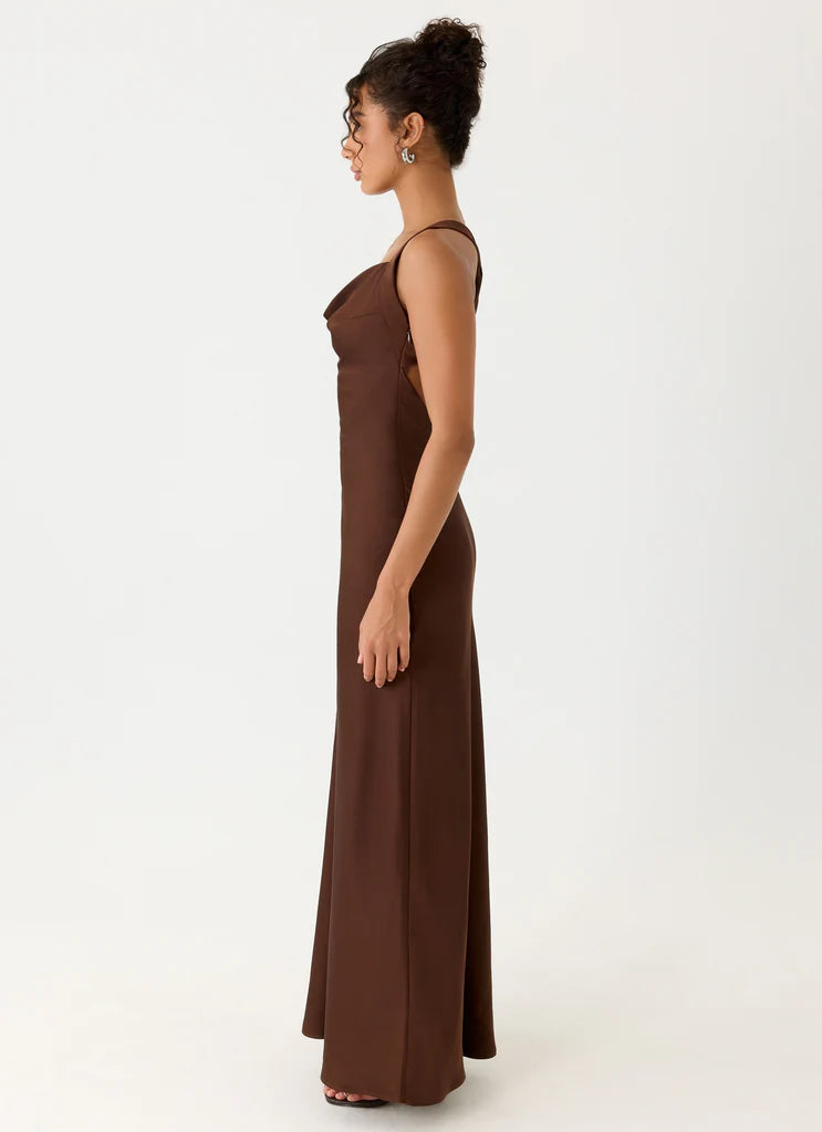 Chocolate Brown Satin Cowl Neck Open Back Maxi Prom Dress For Elegant Evening