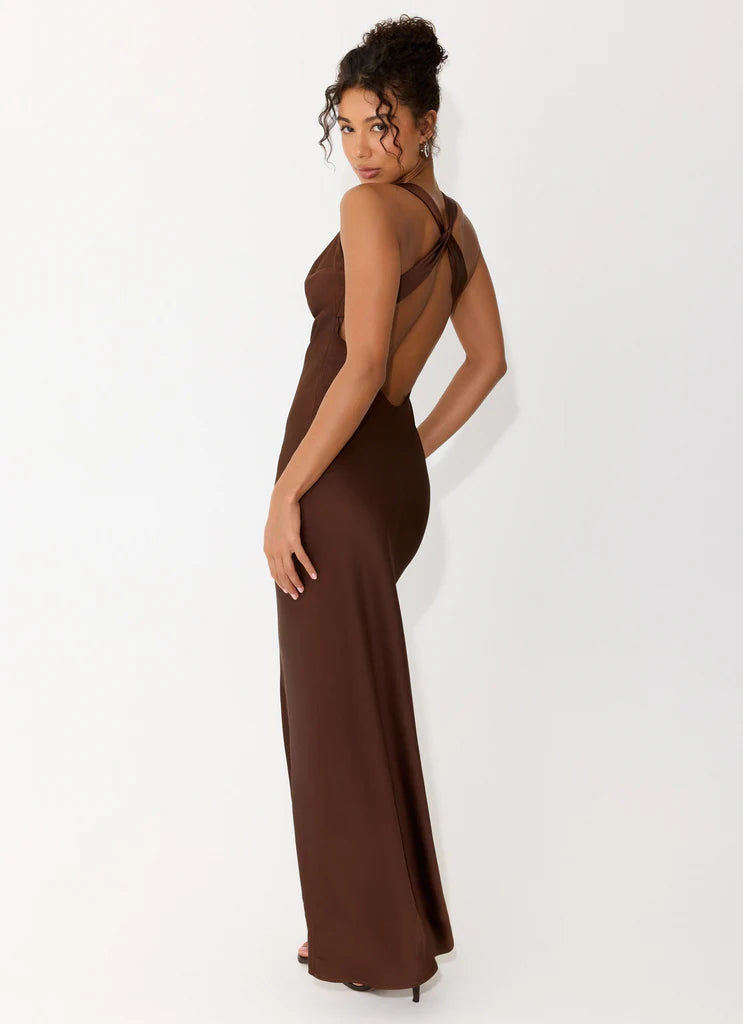 Chocolate Brown Satin Cowl Neck Open Back Maxi Prom Dress For Elegant Evening
