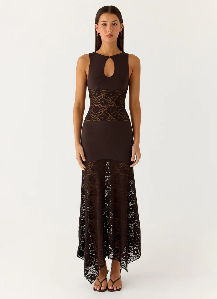 Chocolate Brown Sleeveless Keyhole Lace Maxi Evening Dress For Elegant Formal Evening Events
