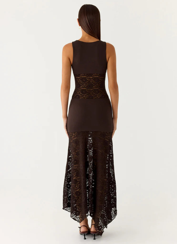 Chocolate Brown Sleeveless Keyhole Lace Maxi Evening Dress For Elegant Formal Evening Events