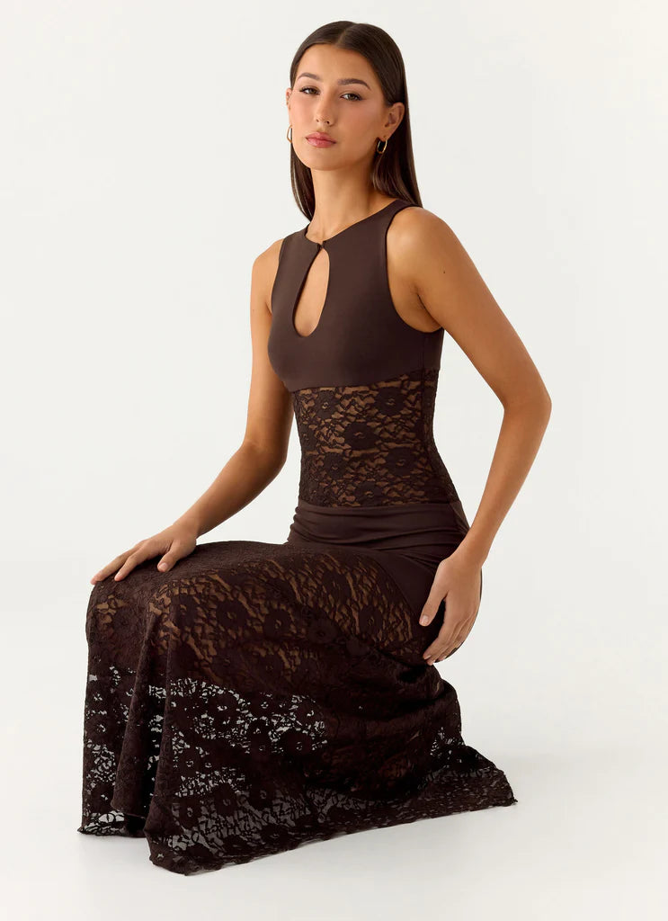 Chocolate Brown Sleeveless Keyhole Lace Maxi Evening Dress For Elegant Formal Evening Events