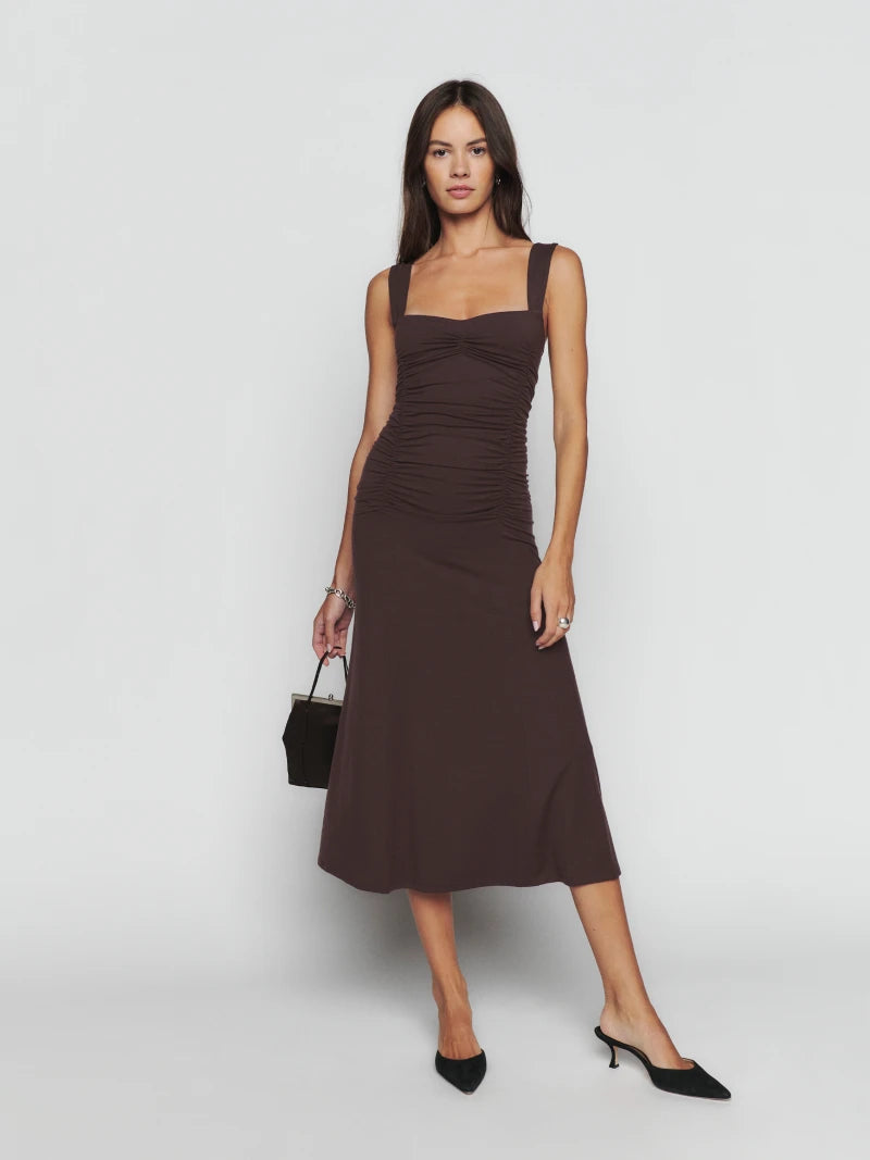 Chocolate Brown Square Neck Ruched Bodice Prom Dress