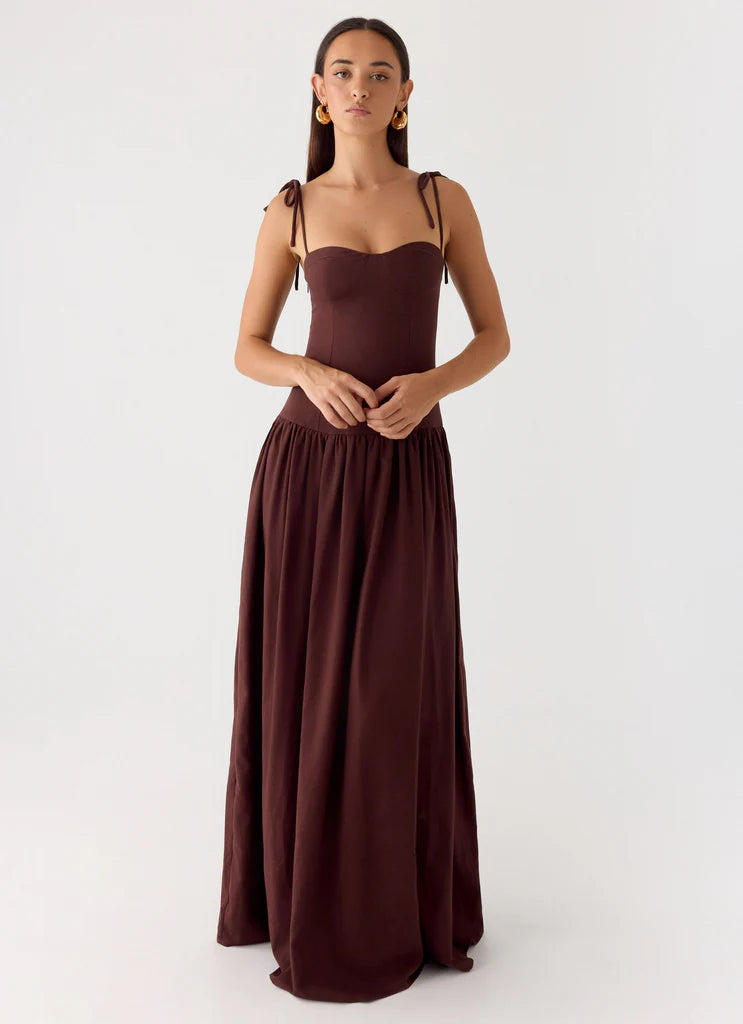 Chocolate Brown Tie Shoulder Bustier Drop Waist Maxi Prom Dress for Events