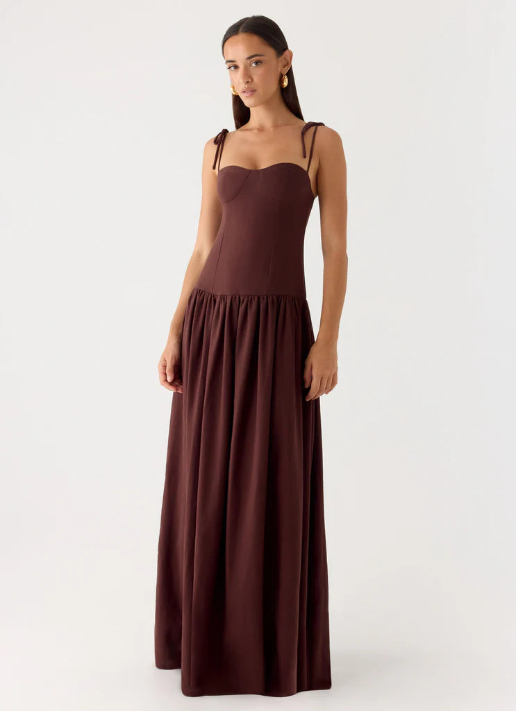 Chocolate Brown Tie Shoulder Bustier Drop Waist Maxi Prom Dress for Events