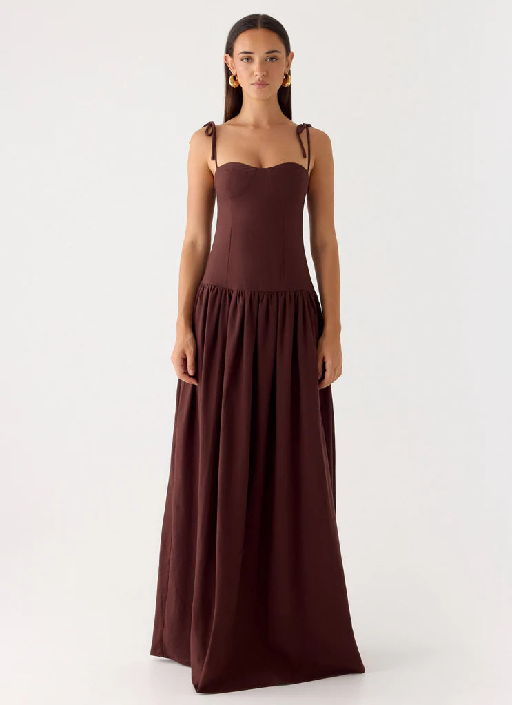 Chocolate Brown Tie Shoulder Bustier Drop Waist Maxi Prom Dress for Events