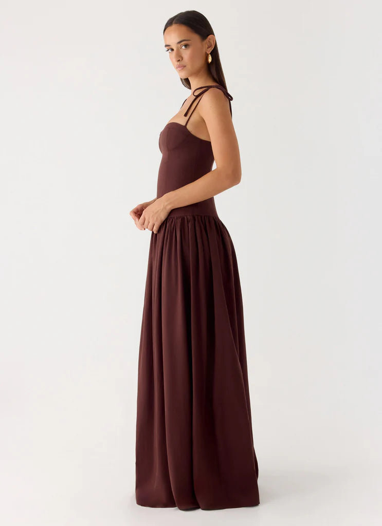 Chocolate Brown Tie Shoulder Bustier Drop Waist Maxi Prom Dress for Events
