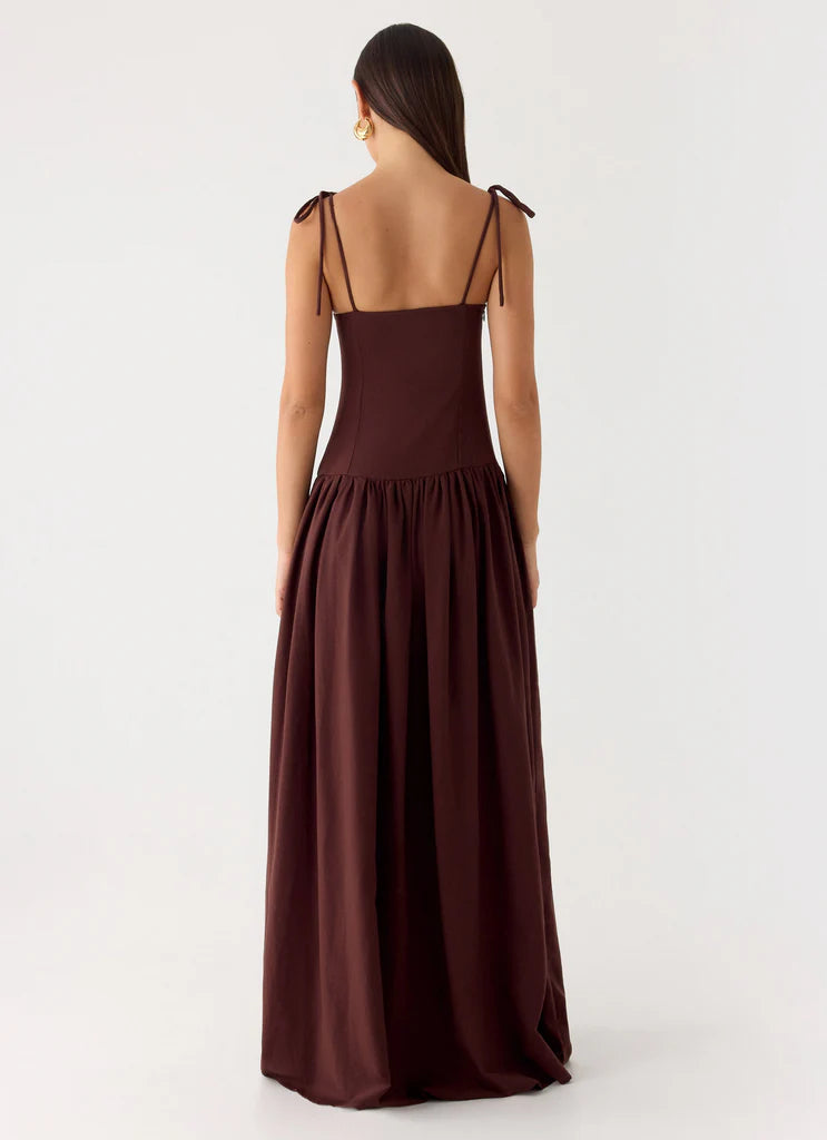 Chocolate Brown Tie Shoulder Bustier Drop Waist Maxi Prom Dress for Events