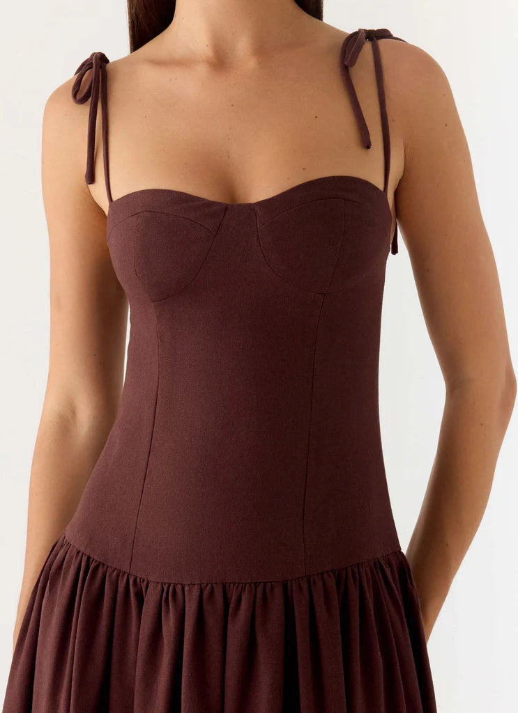 Chocolate Brown Tie Shoulder Bustier Drop Waist Maxi Prom Dress for Events