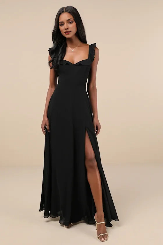 Classic Black A-Line Square Neck Sleeveless Open Back Floor-Length Ruffled High Slit Chiffon Prom Dress