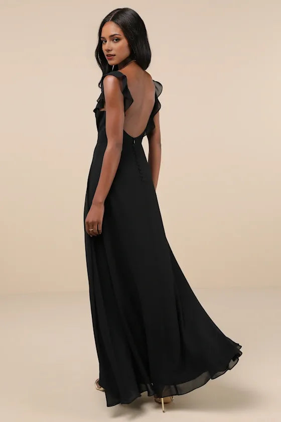 Classic Black A-Line Square Neck Sleeveless Open Back Floor-Length Ruffled High Slit Chiffon Prom Dress