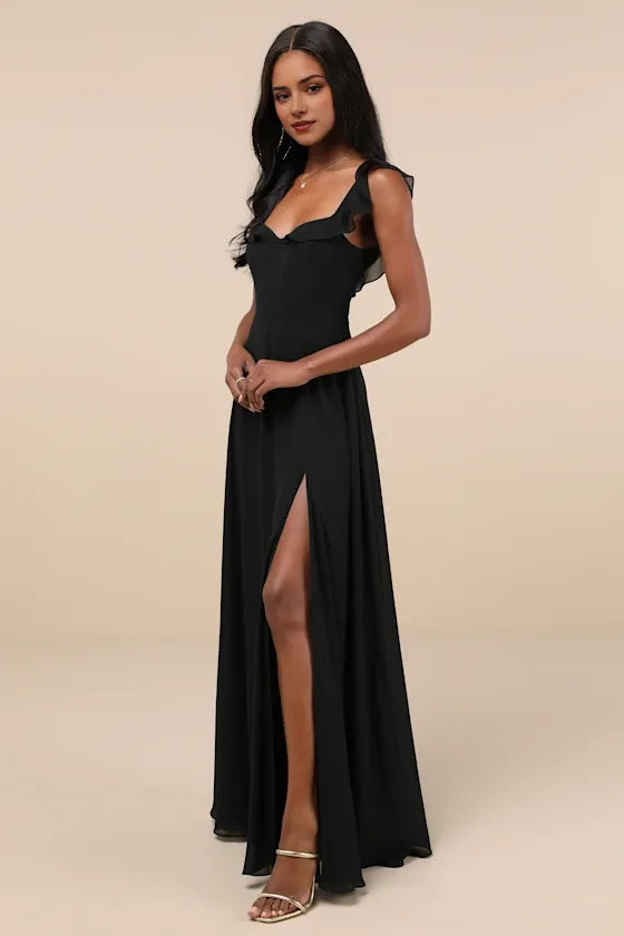Classic Black A-Line Square Neck Sleeveless Open Back Floor-Length Ruffled High Slit Chiffon Prom Dress