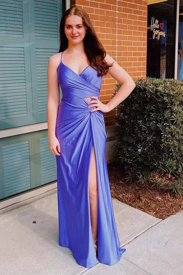 Classic Purple Sheath V -Neck Spaghetti Strap Lace Up Ruched Slit Floor-Length Prom Dress With Split ﻿