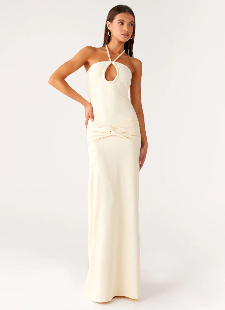 Cream Halter Neck Keyhole Ruched Tie Maxi Prom Dress For Elegant Formal Evening Events