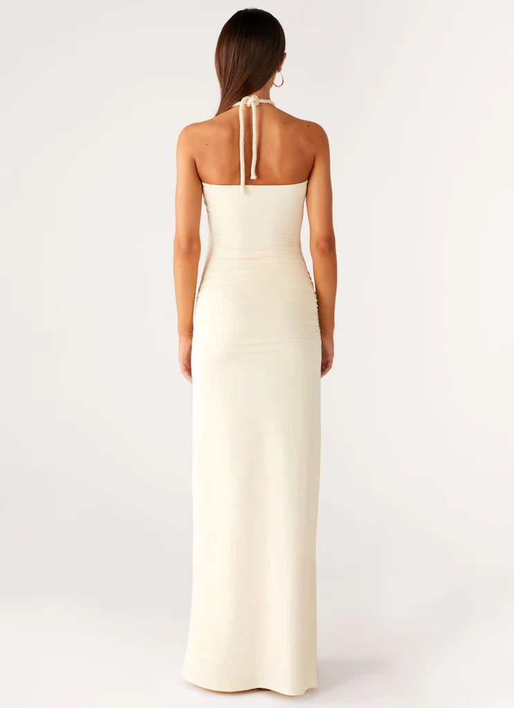Cream Halter Neck Keyhole Ruched Tie Maxi Prom Dress For Elegant Formal Evening Events