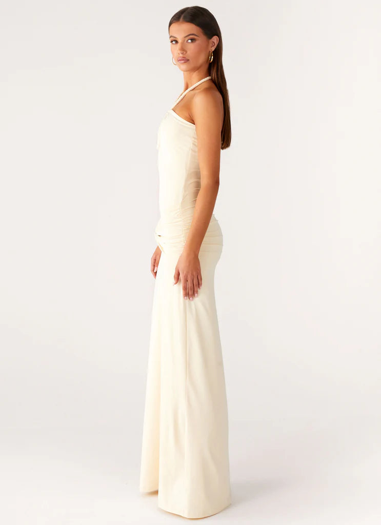 Cream Halter Neck Keyhole Ruched Tie Maxi Prom Dress For Elegant Formal Evening Events