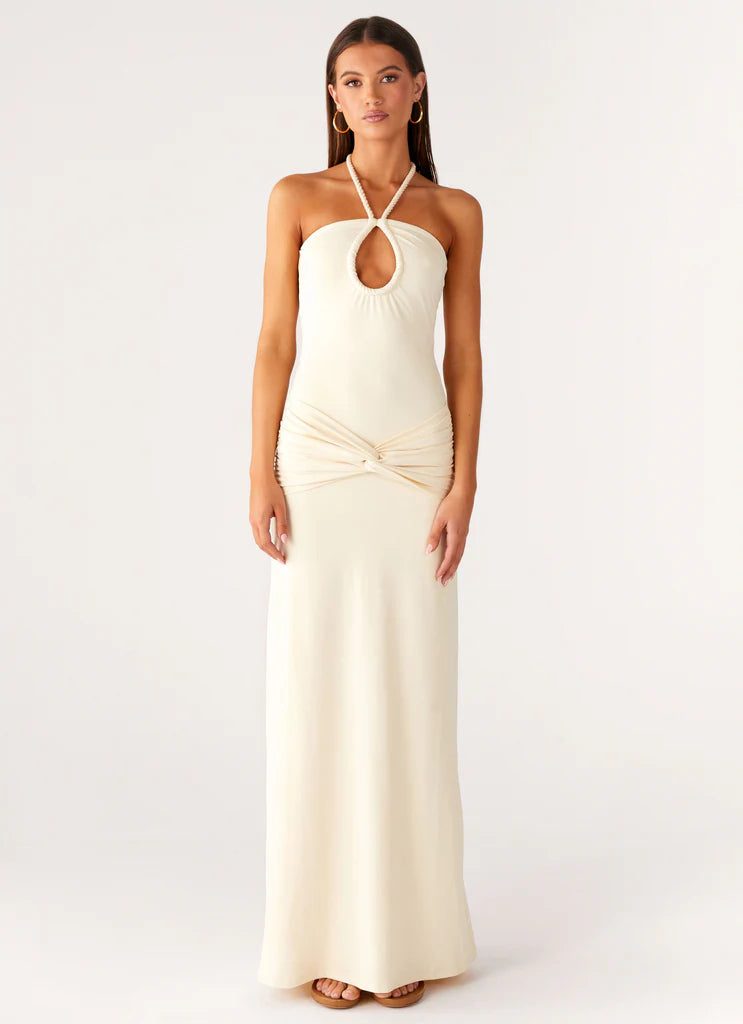 Cream Halter Neck Keyhole Ruched Tie Maxi Prom Dress For Elegant Formal Evening Events
