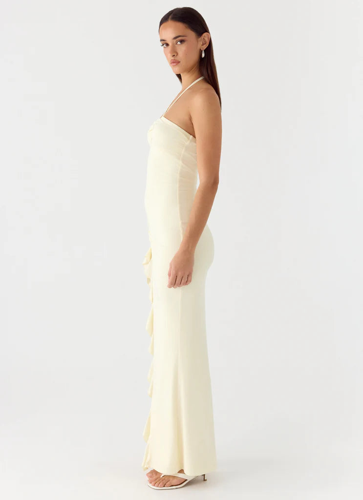 Cream Halter Neck Ruched Ruffle Slit Maxi Prom Dress For Glamorous Formal Evenings