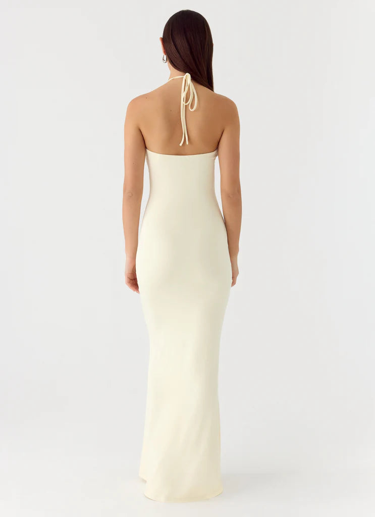 Cream Halter Neck Ruched Ruffle Slit Maxi Prom Dress For Glamorous Formal Evenings
