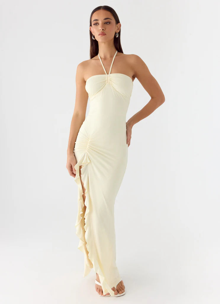 Cream Halter Neck Ruched Ruffle Slit Maxi Prom Dress For Glamorous Formal Evenings