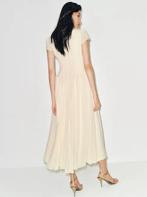 Cream High Neck Cap Sleeve Fit-and-Flare with Chiffon Skirt Prom Dress