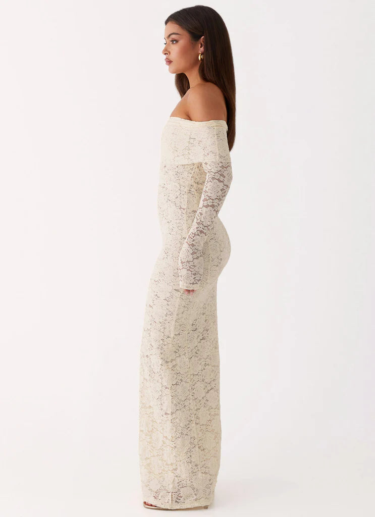 Cream Off The Shoulder Long Sleeve Lace Maxi Prom Dress For Elegant Formal Evening Events