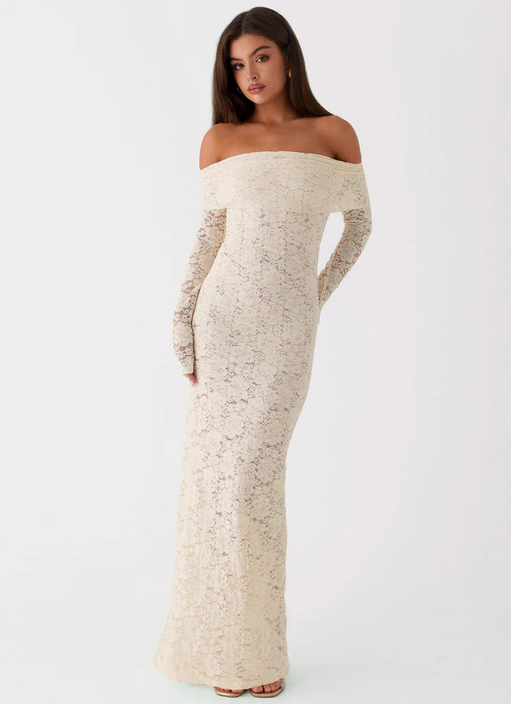 Cream Off The Shoulder Long Sleeve Lace Maxi Prom Dress For Elegant Formal Evening Events