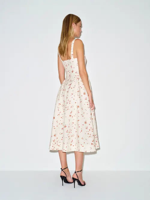 Cream Red Floral Print Sweetheart Neckline Prom Dress