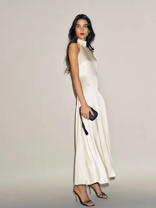 Cream Satin Halter Neck Sleeveless Midi Prom Dress