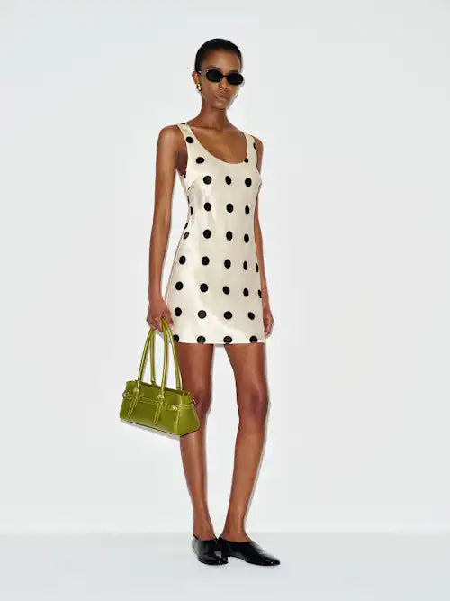Cream Satin Polka Dot Scoop Neck Sleeveless Mini Prom Dress