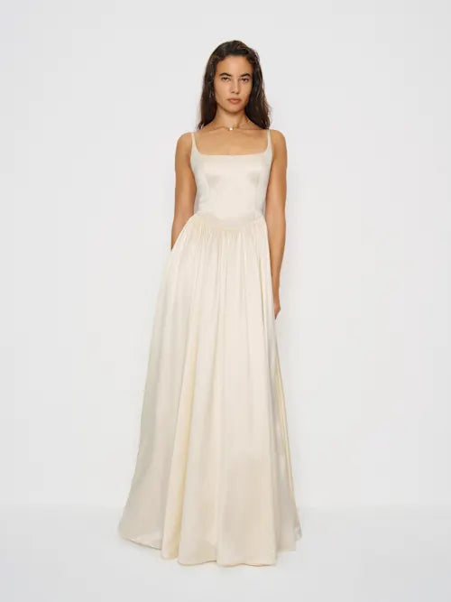 Cream Satin Square Neck Spaghetti Strap Prom Gown