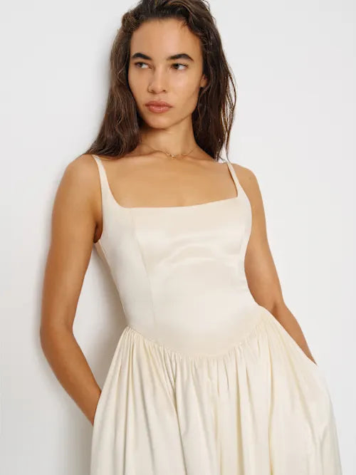 Cream Satin Square Neck Spaghetti Strap Prom Gown