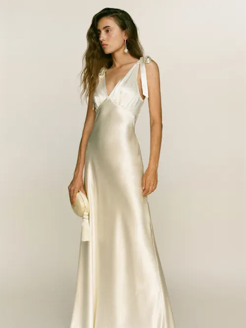 Cream Satin Tie-Strap Deep V-Neck Open Back Maxi Prom Gown