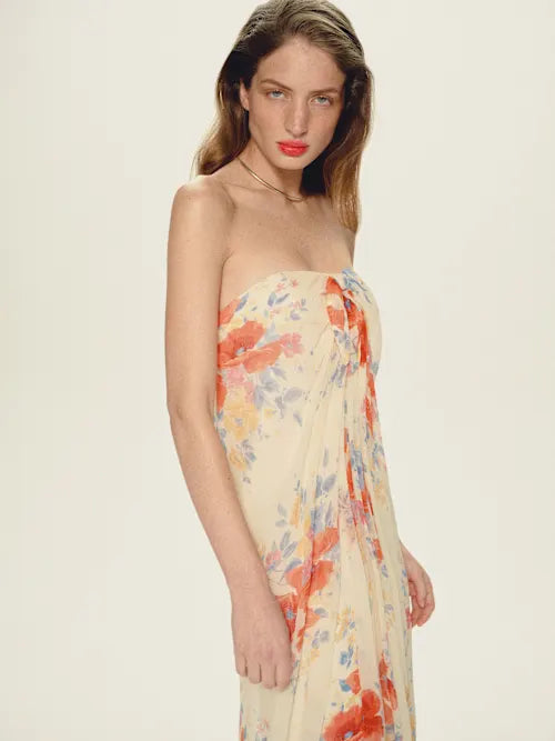 Cream Watercolor Floral Strapless Knot Front Maxi Prom Dress