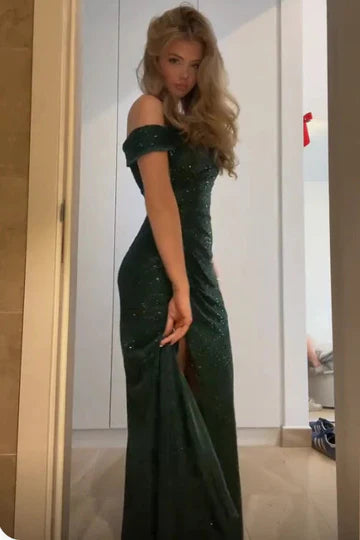 Dark Green Sequin One-Shoulder Mermaid Prom Dress with High Slit