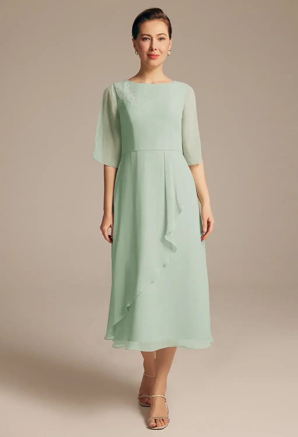 Delicate A-Line Crew Neck Three-Quarter Sleeves Beaded Back Tea-Length Mother Of The Bride Dresses