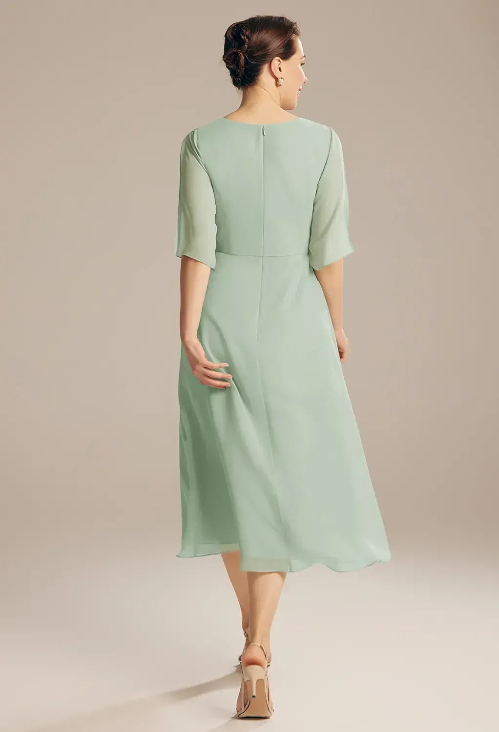 Delicate A-Line Crew Neck Three-Quarter Sleeves Beaded Back Tea-Length Mother Of The Bride Dresses