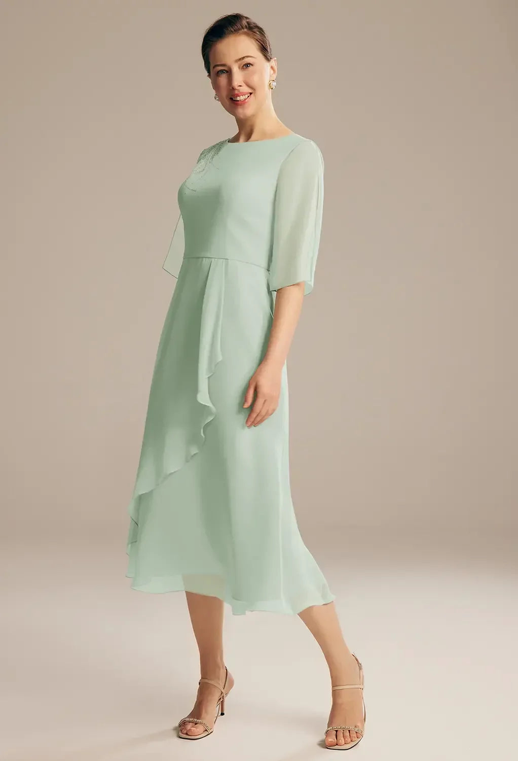 Delicate A-Line Crew Neck Three-Quarter Sleeves Beaded Back Tea-Length Mother Of The Bride Dresses