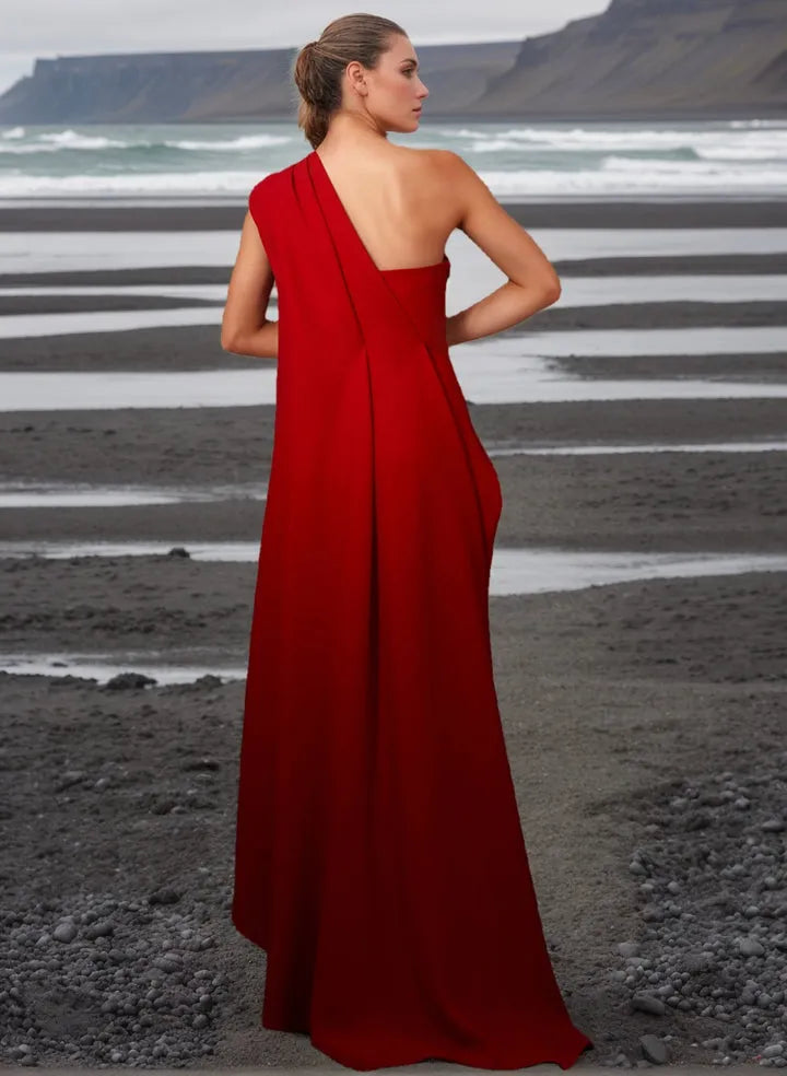 Dramatic A-Line One-Shoulder Sleeveless Open-Back Floor-Length Evening Dresses