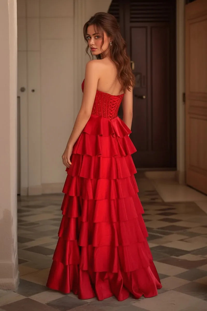 Dramatic A-Line Sweetheart Strapless Beaded-Lace-Up-Back Tiered-Ruffle High-Low Prom Dress