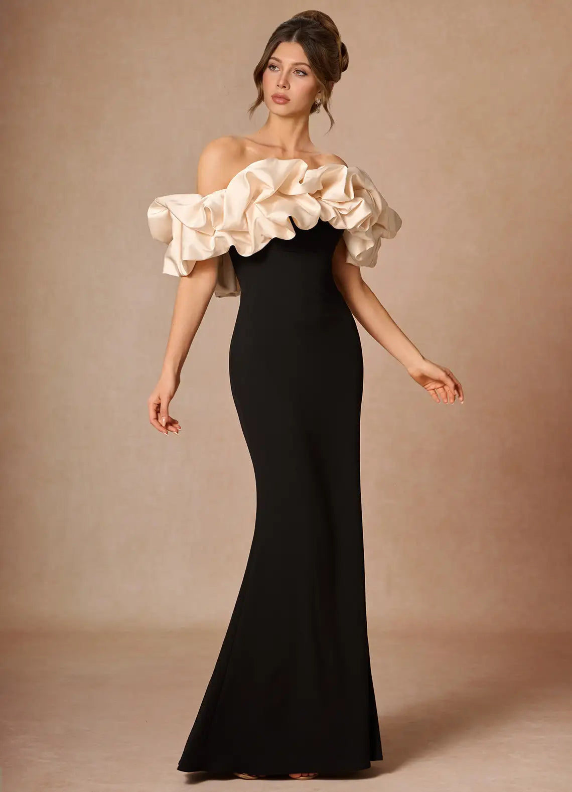 Dramatic Mermaid Off-Shoulder Ruffle Sleeve Solid Back Floor-Length Evening Dresses