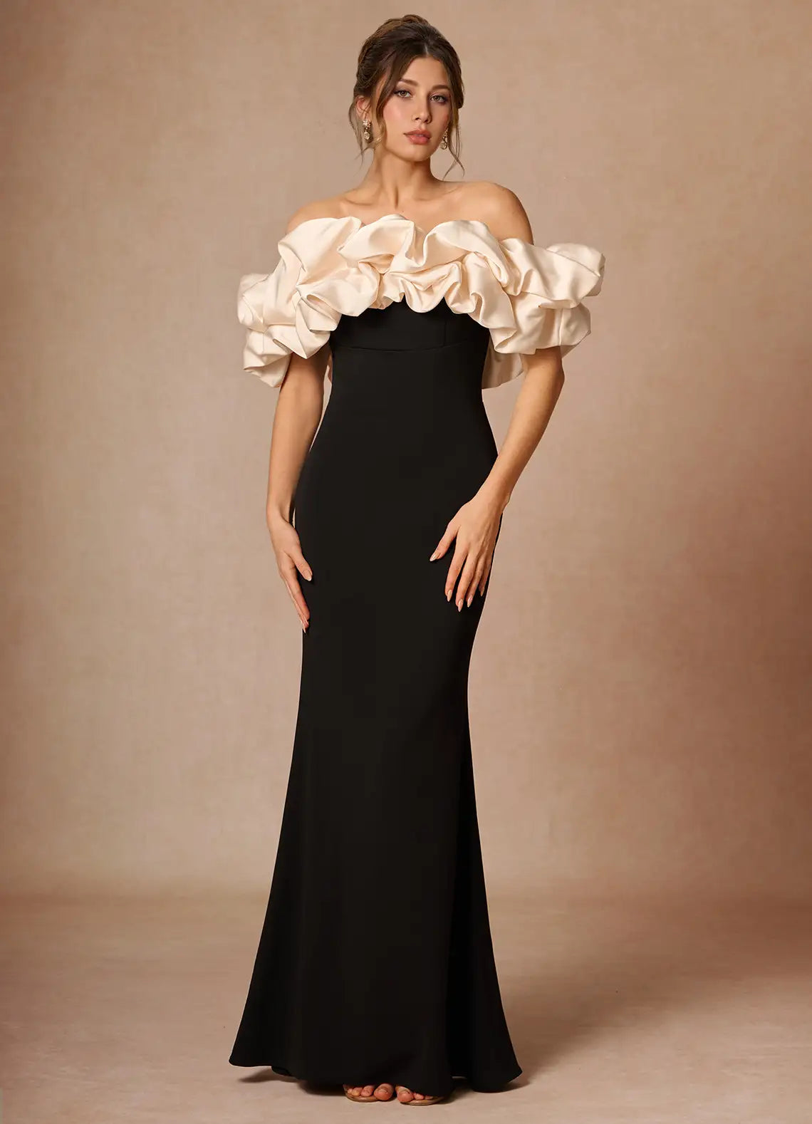 Dramatic Mermaid Off-Shoulder Ruffle Sleeve Solid Back Floor-Length Evening Dresses
