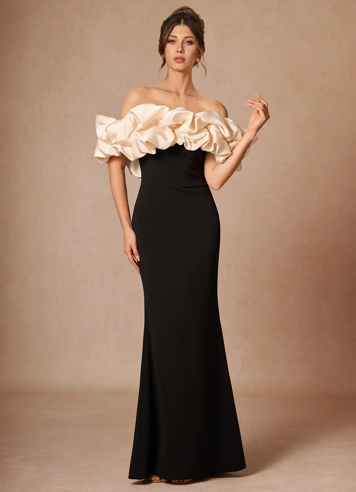 Dramatic Mermaid Off-Shoulder Ruffle Sleeve Solid Back Floor-Length Evening Dresses