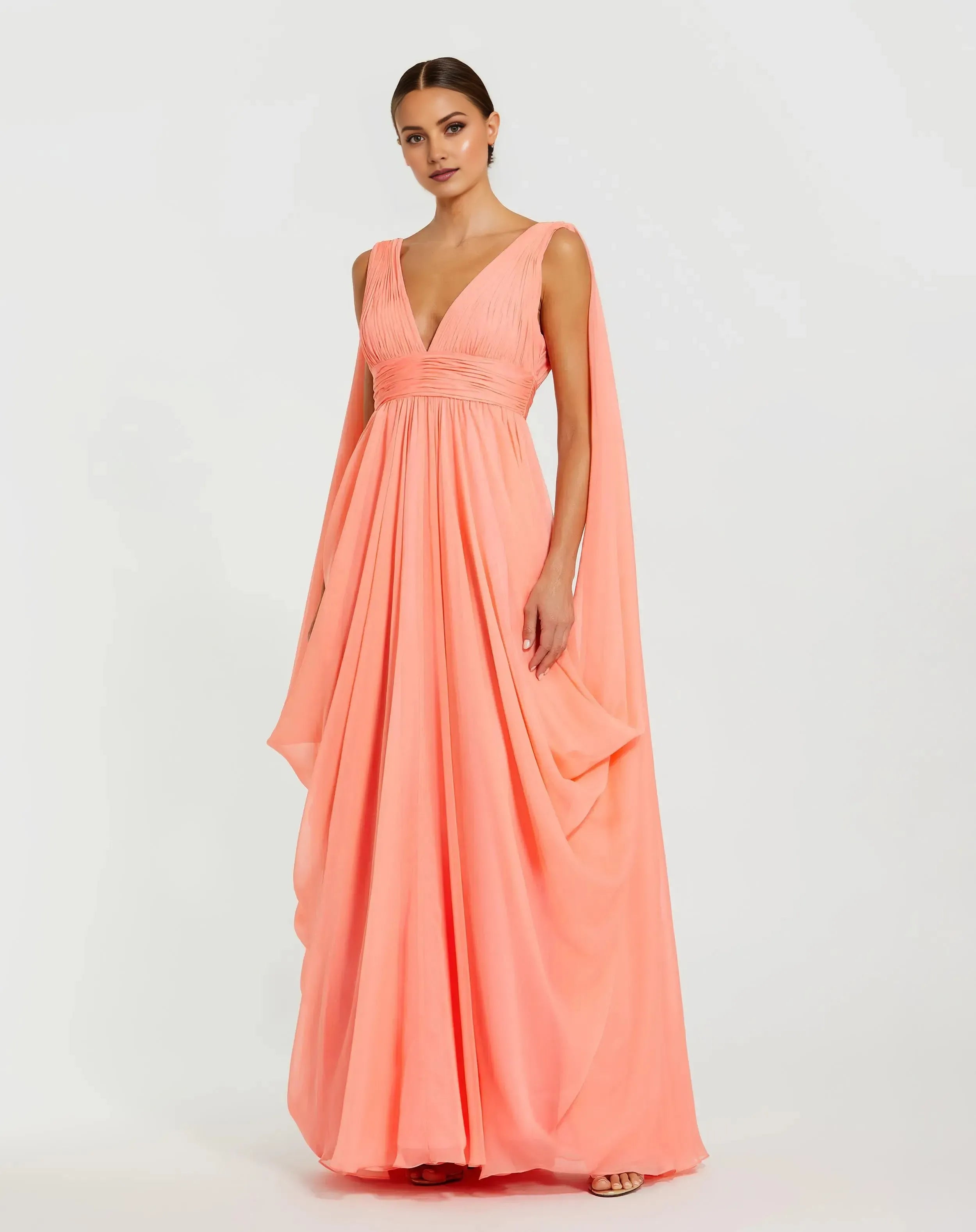 Dramatic Pink A-Line Deep-V-Neck Cape-Sleeve Plunging-Back Chiffon Floor-Length Prom Dress with Draped Details