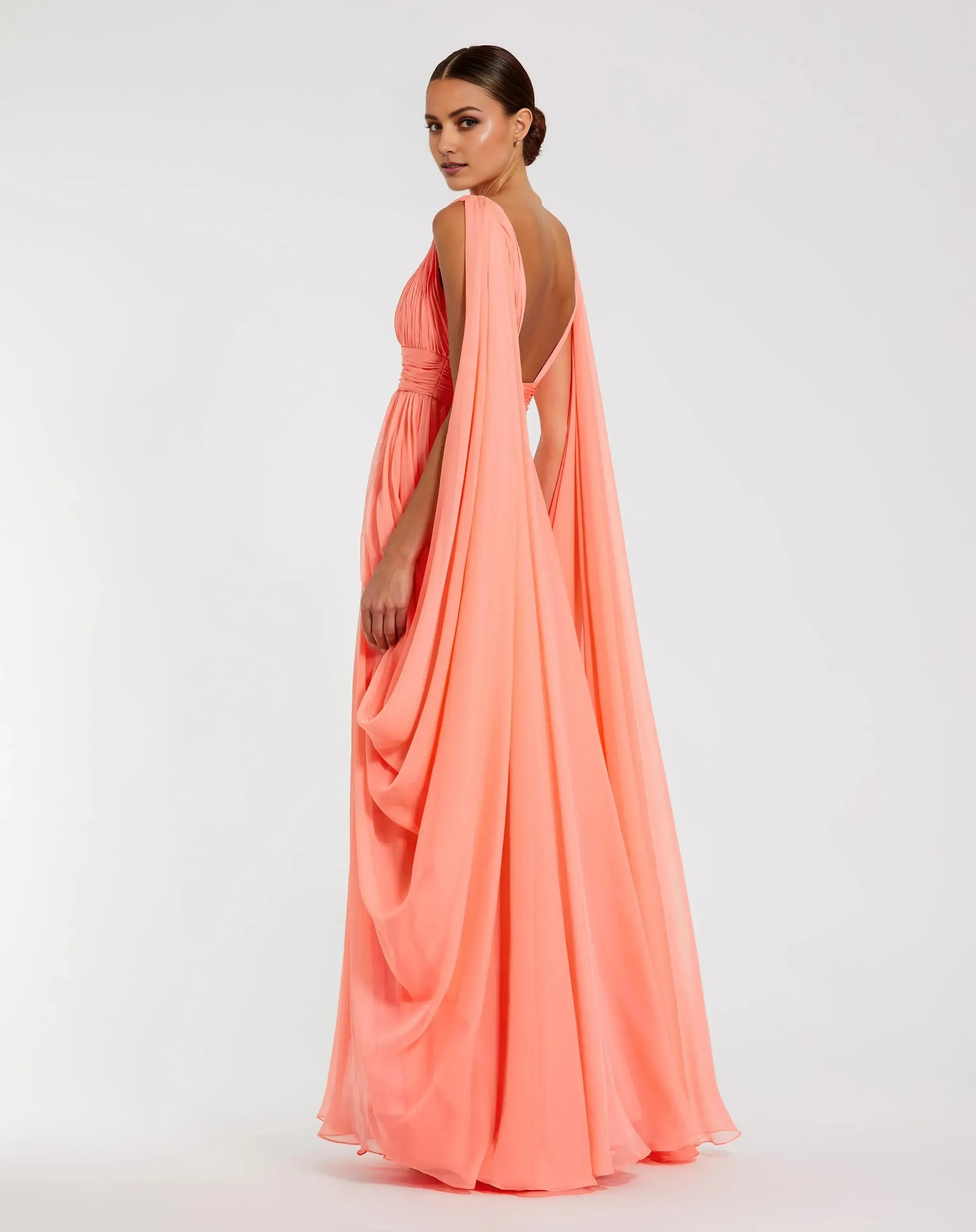 Dramatic Pink A-Line Deep-V-Neck Cape-Sleeve Plunging-Back Chiffon Floor-Length Prom Dress with Draped Details