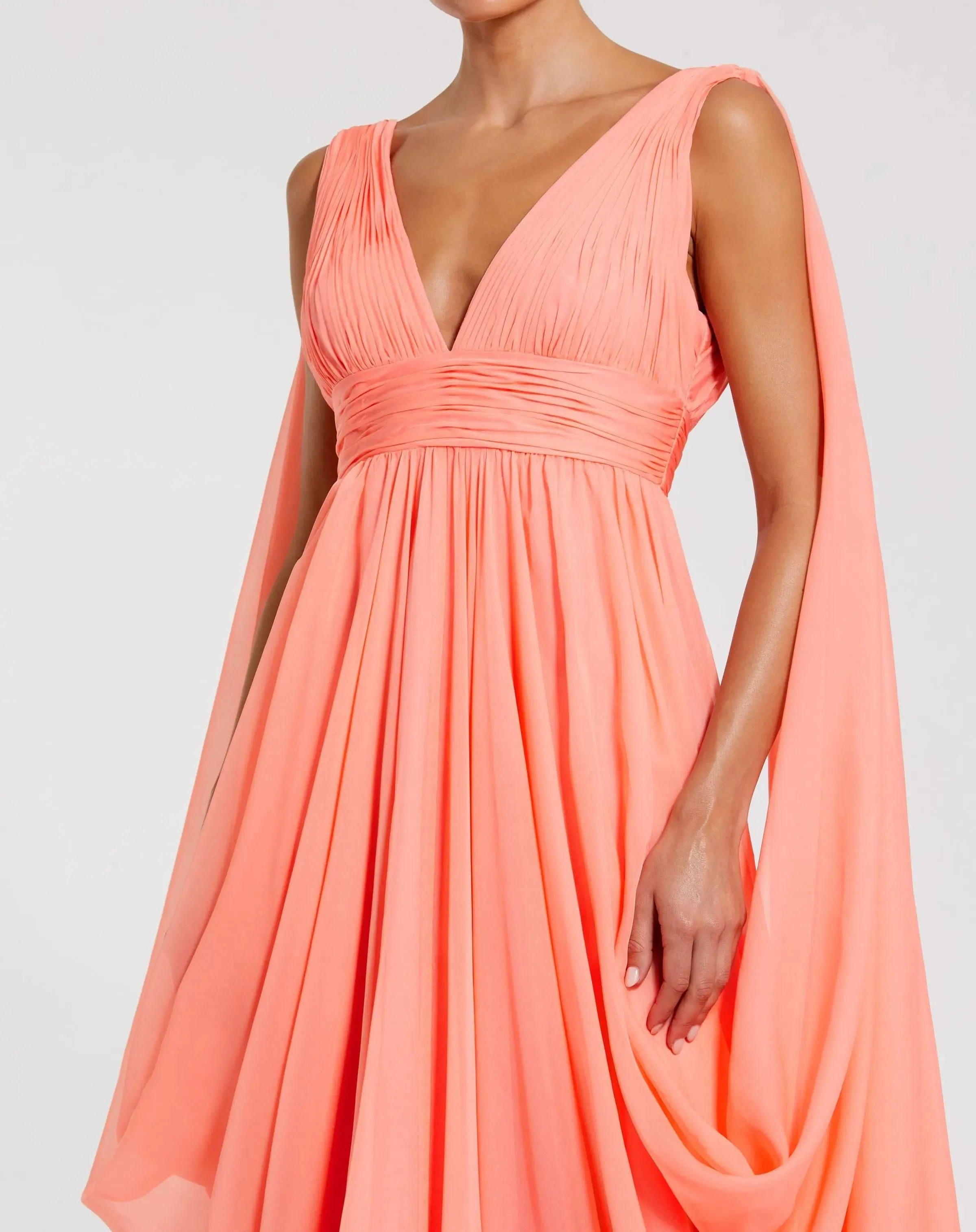 Dramatic Pink A-Line Deep-V-Neck Cape-Sleeve Plunging-Back Chiffon Floor-Length Prom Dress with Draped Details