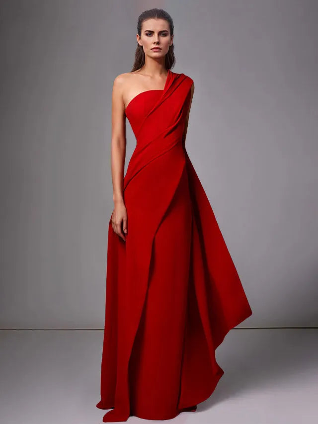 Dramatic A-Line One-Shoulder Sleeveless Open-Back Floor-Length Evening Dresses