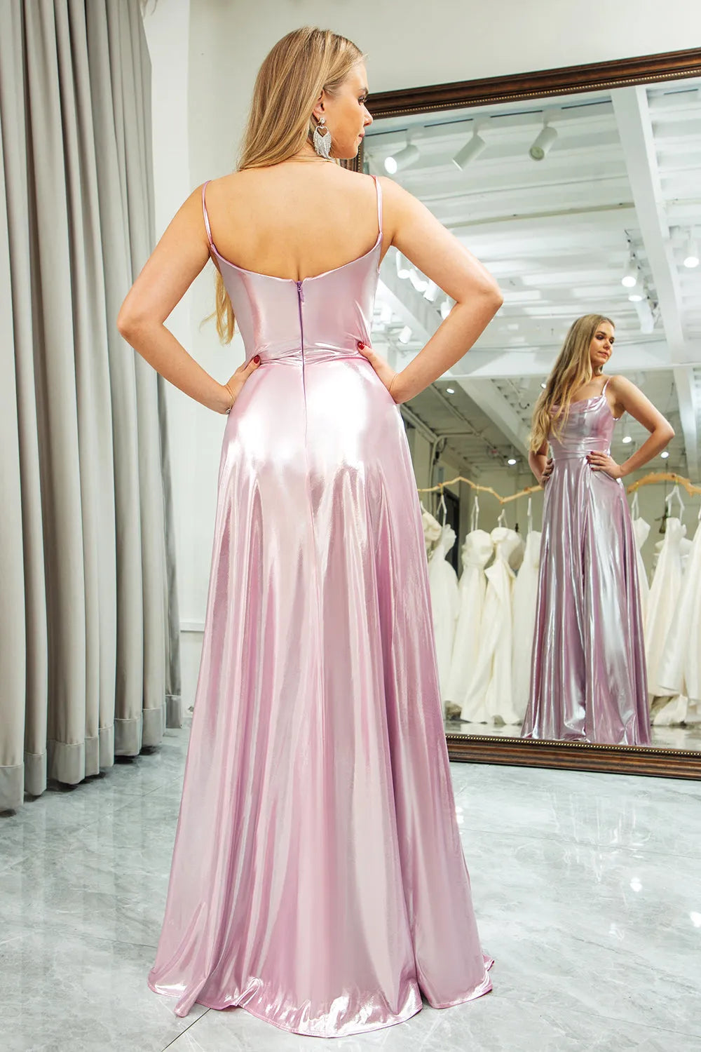 Dreamy A-Line Square-Neck Spaghetti-Strap Open-Back Floor-Length Prom Dress